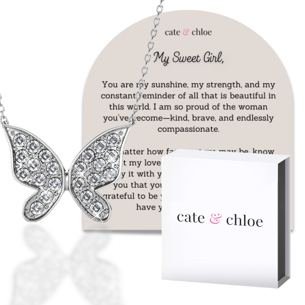 Yuenen 18k White Gold Plated Butterfly Necklace with Swarovski Crystals & Sentimental Message for Daughter