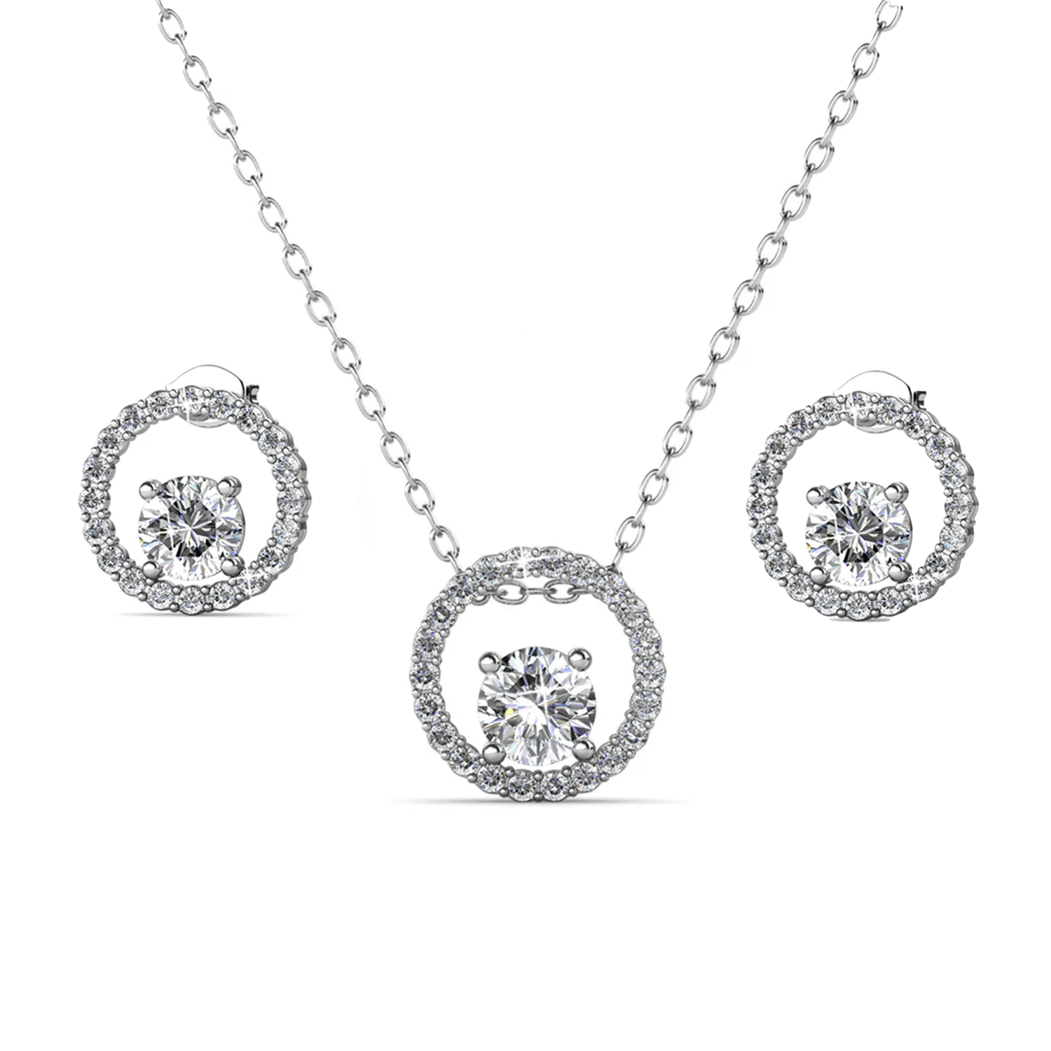 Reign 18k White Gold Plated Halo Necklace and Earrings Jewelry Set with Swarovski Crystals