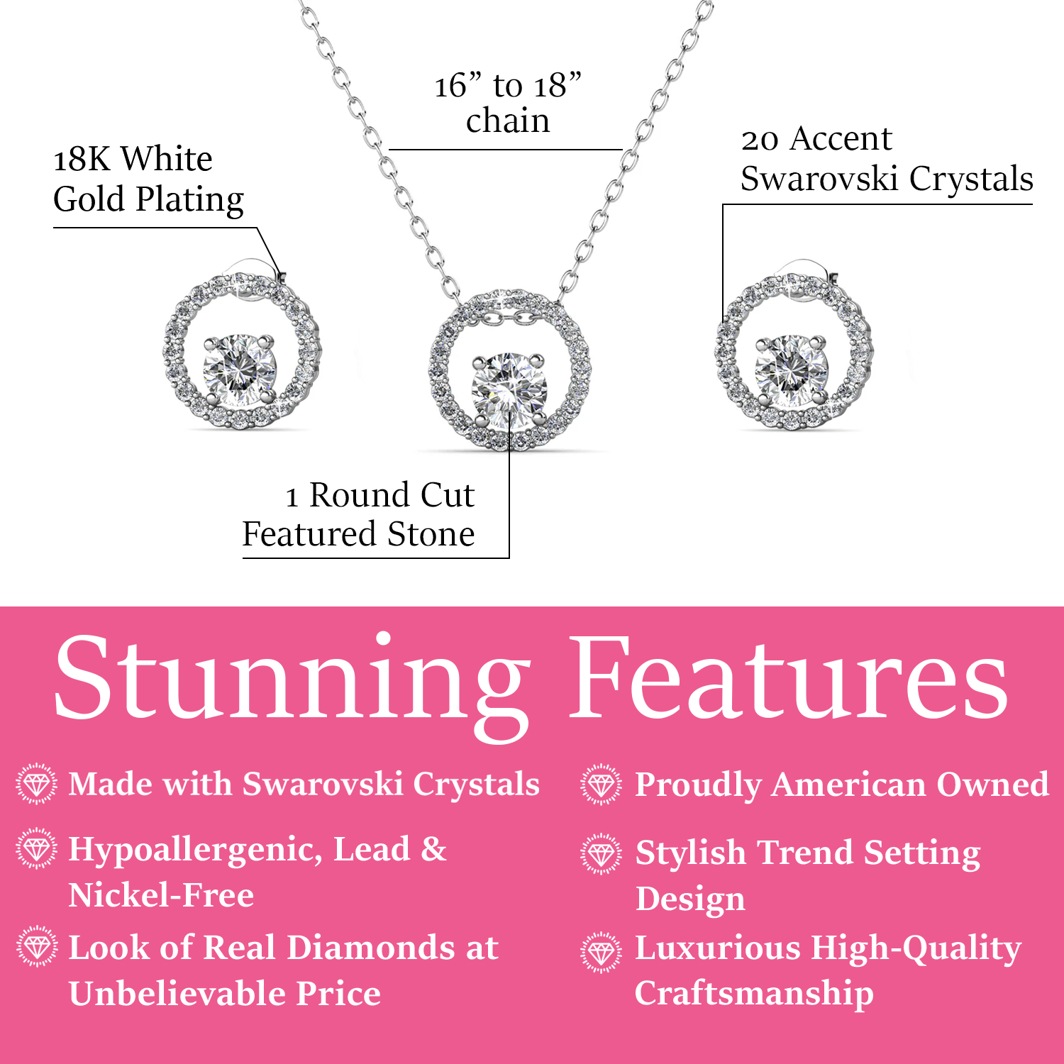 Reign 18k White Gold Plated Halo Necklace and Earrings Jewelry Set with Swarovski Crystals