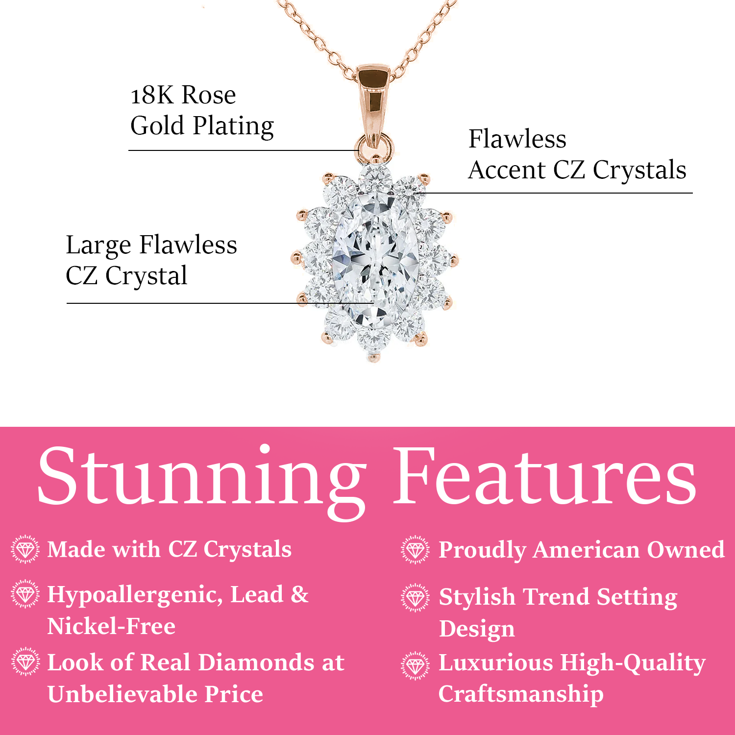 Sage 18k White Gold Plated Pendant Necklace with Oval Cut Simulated Diamond Crystals