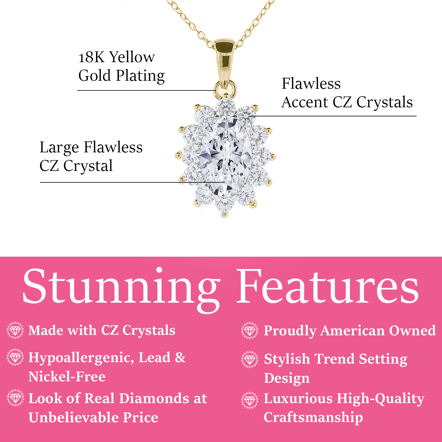 Sage 18k White Gold Plated Pendant Necklace with Oval Cut Simulated Diamond Crystals