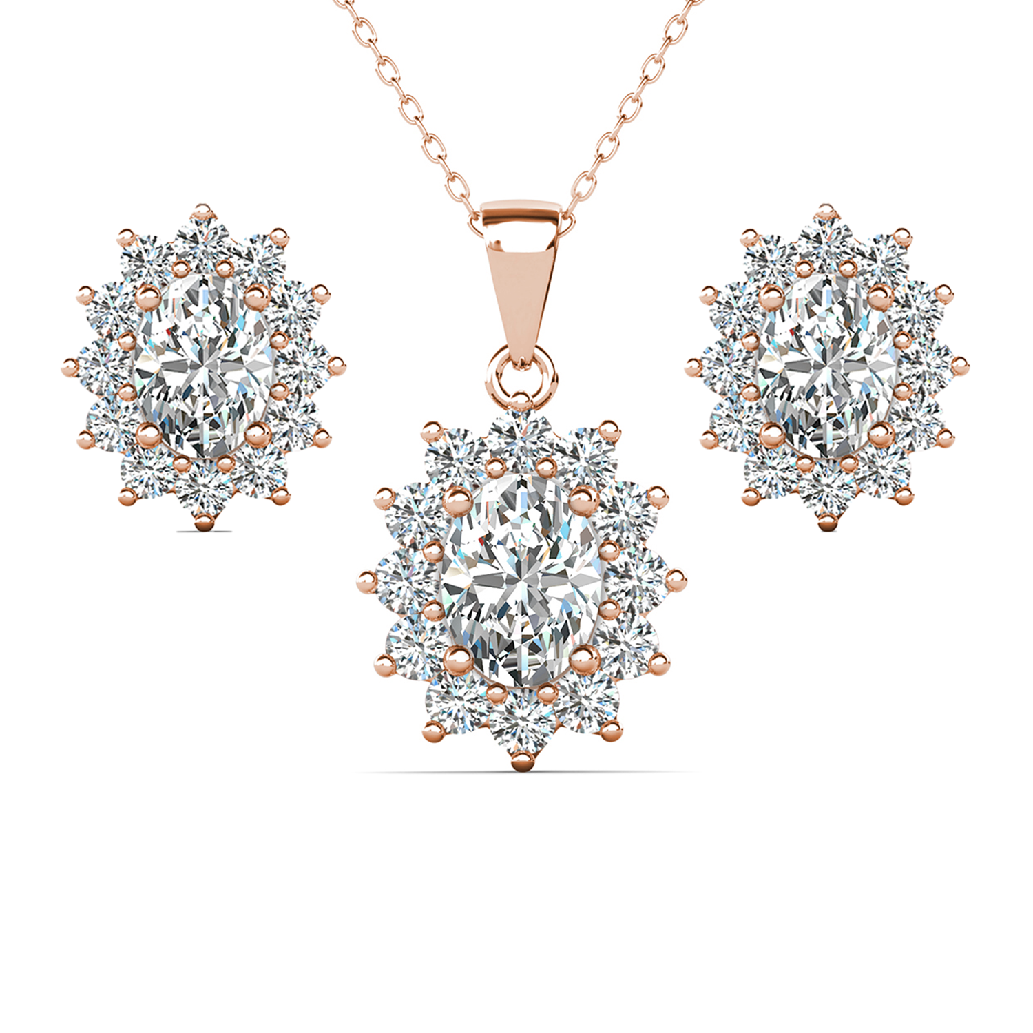 Sage 18k White Gold Plated Stud Earrings and Necklace Set with Oval Cut Simulated Diamond Crystals
