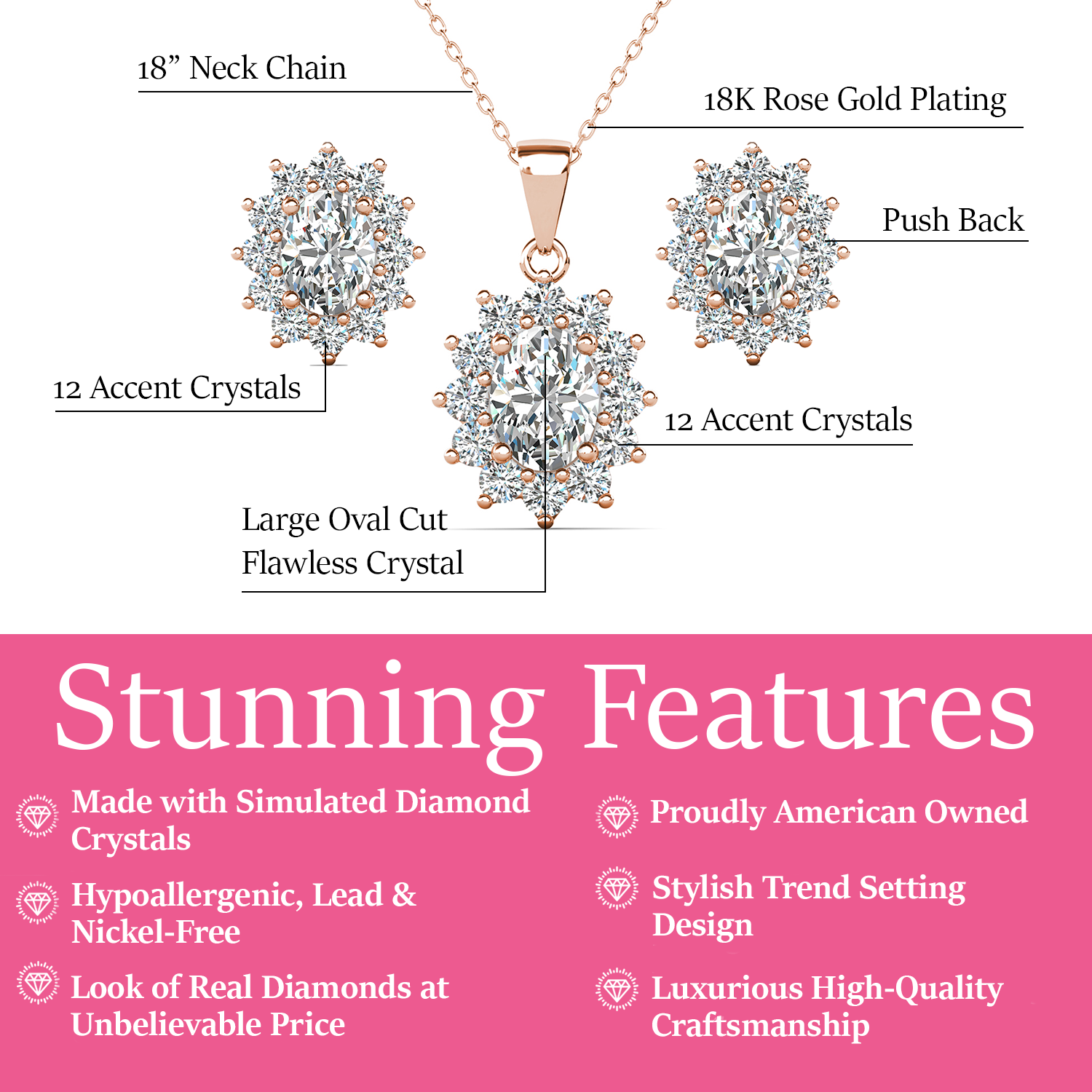 Sage 18k White Gold Plated Stud Earrings and Necklace Set with Oval Cut Simulated Diamond Crystals