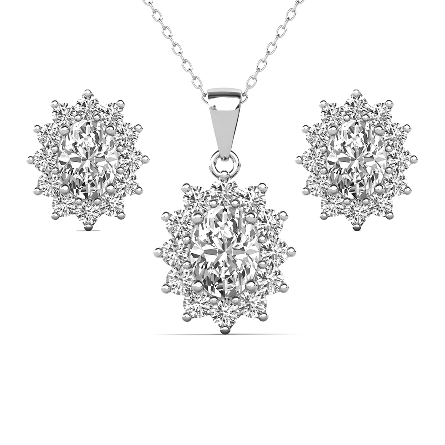 Sage 18k White Gold Plated Stud Earrings and Necklace Set with Oval Cut Simulated Diamond Crystals