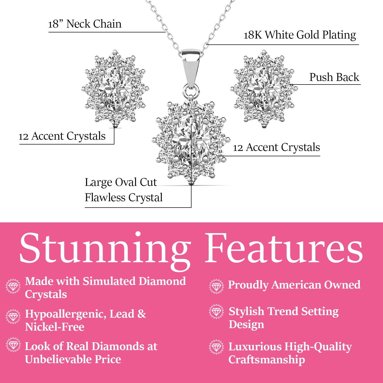 Sage 18k White Gold Plated Stud Earrings and Necklace Set with Oval Cut Simulated Diamond Crystals