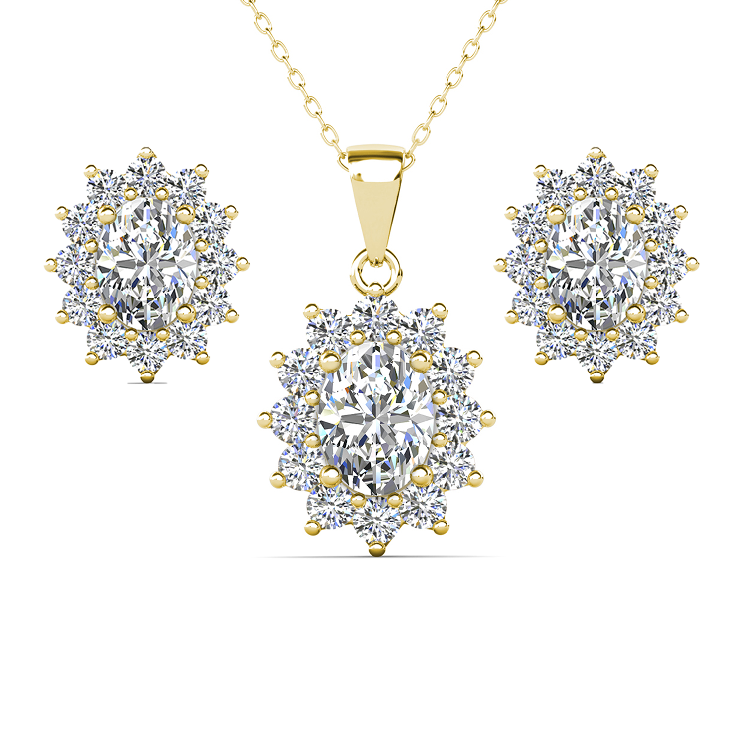 Sage 18k White Gold Plated Stud Earrings and Necklace Set with Oval Cut Simulated Diamond Crystals