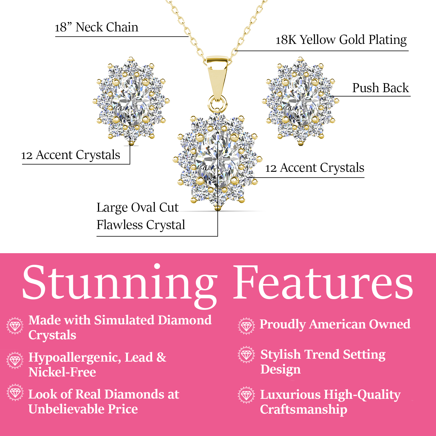 Sage 18k White Gold Plated Stud Earrings and Necklace Set with Oval Cut Simulated Diamond Crystals