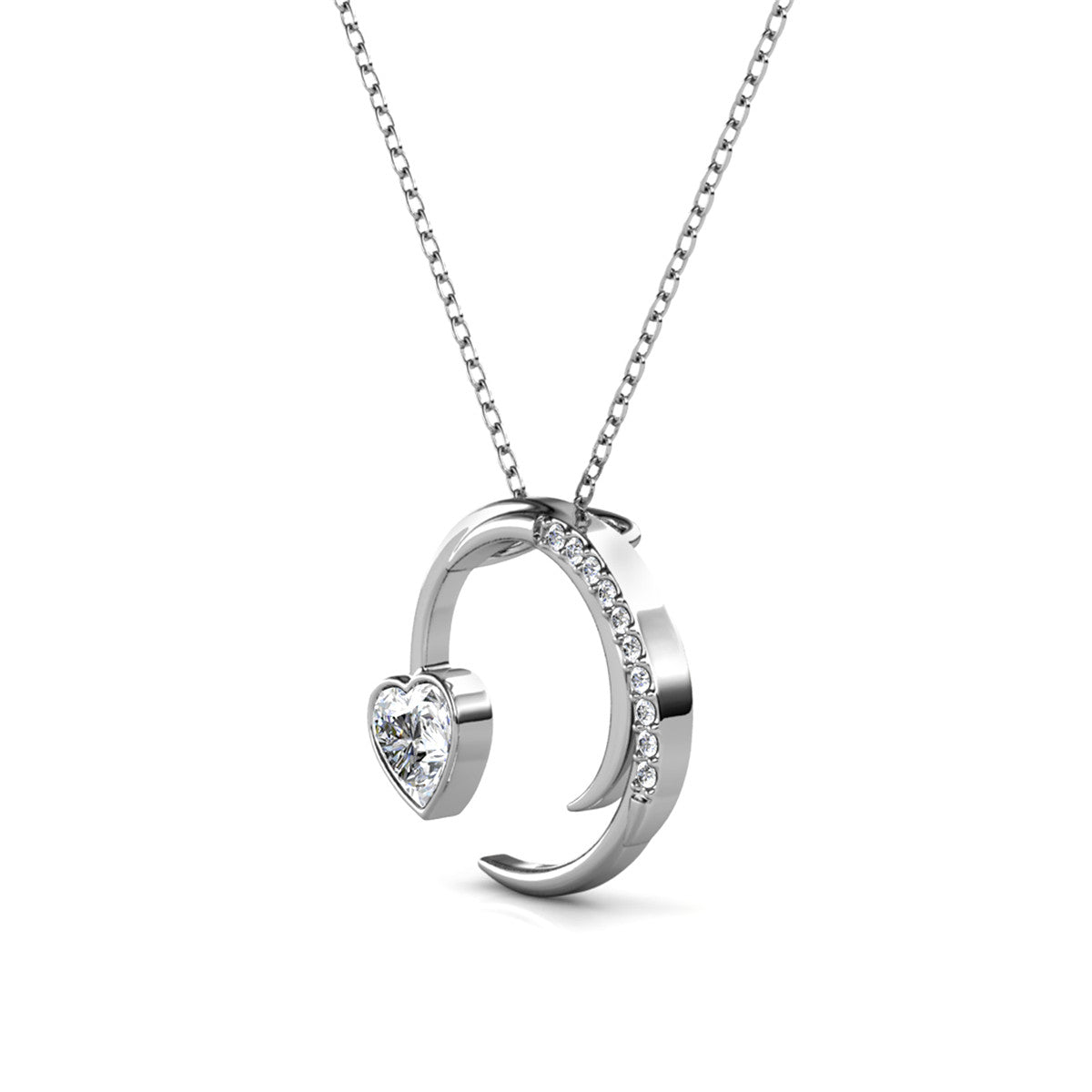 Aelin 18k White Gold Plated Crescent Heart Pendant Necklace with Swarovski Crystals