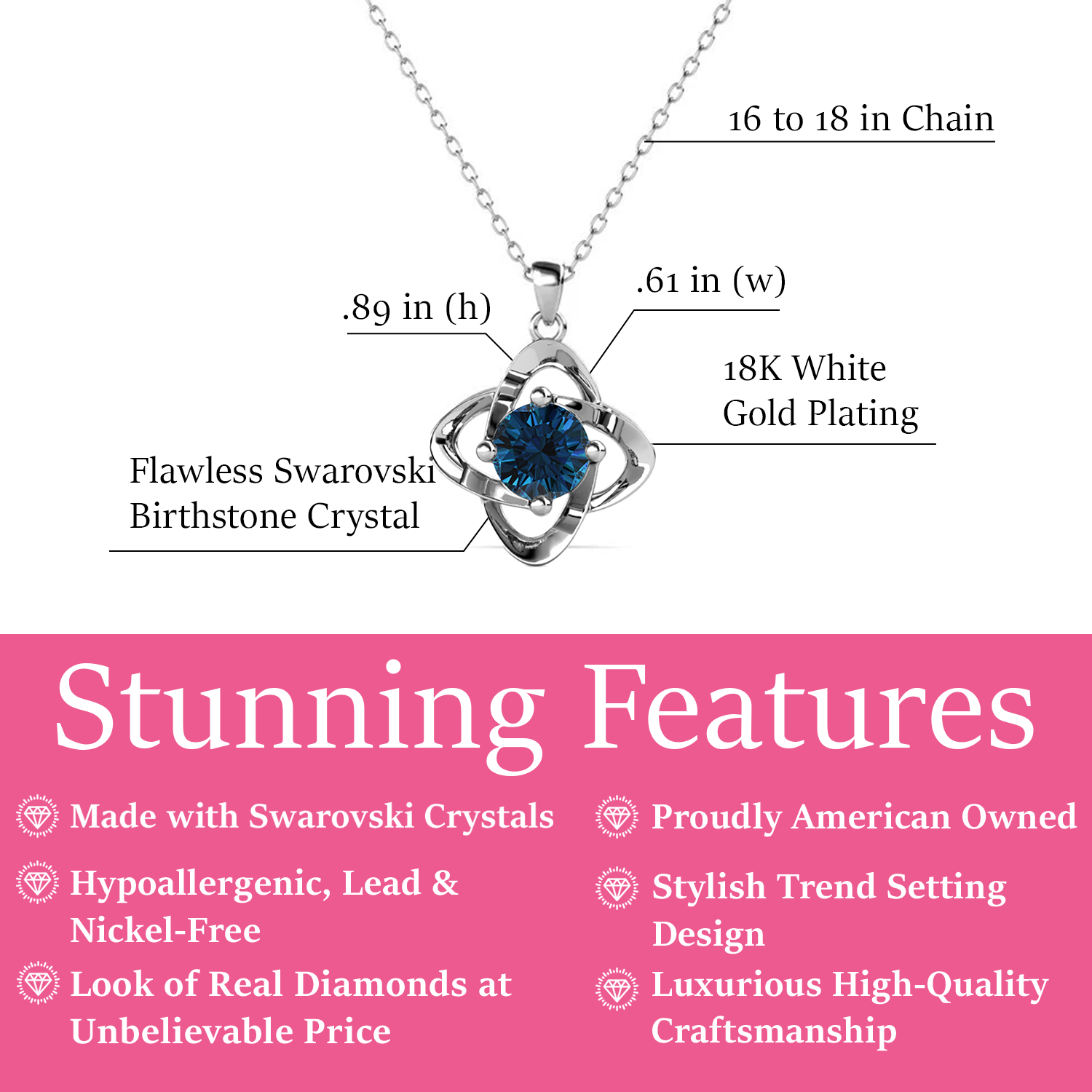 Features of Infinity December Birthstone Blue Topaz Necklace with Swarovski Crystal in 18k White Gold Plated Silver