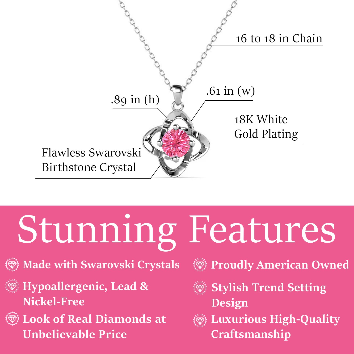 Fetures of Infinity October Birthstone Pink Tourmaline Necklace 18k White Gold Plated Silver Birthstone Necklace with Swarovski Crystal