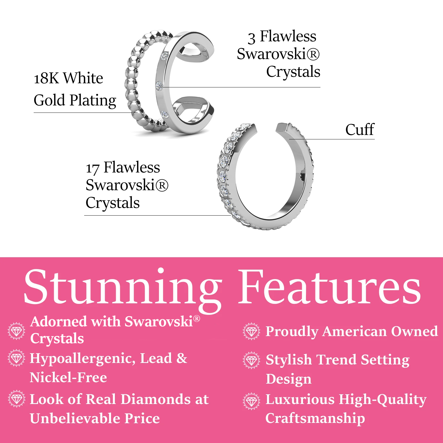 Sasha and Gloria 18k White Gold Plated 10mm Hoop Ear Cuffs with Swarovski Crystals (2 Pair Set)