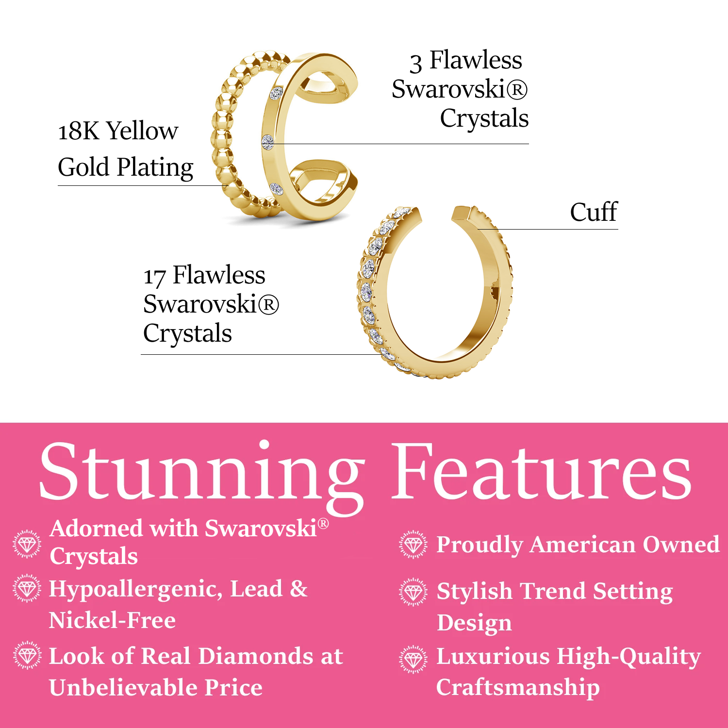 Sasha and Gloria 18k White Gold Plated 10mm Hoop Ear Cuffs with Swarovski Crystals (2 Pair Set)