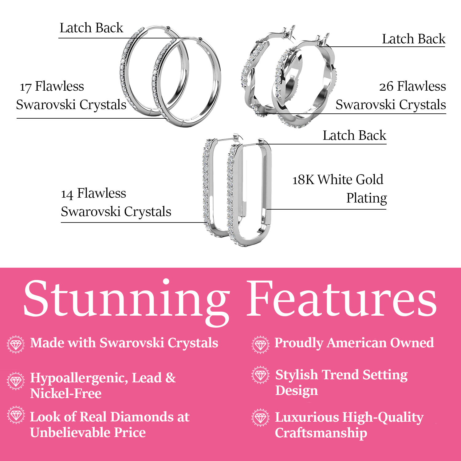 Pack of 3 - Bianca, Nadia, Lauren 18k White Gold Plated Hoop Earrings with Swarovski Crystals