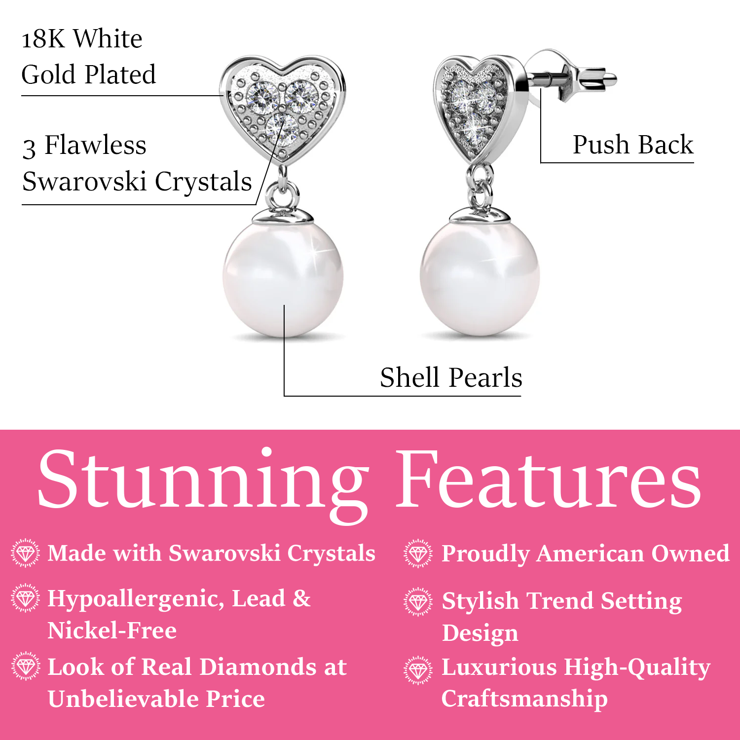 Kenley 18k White Gold Plated Heart Drop Earrings with Pearls and Swarovski Crystals