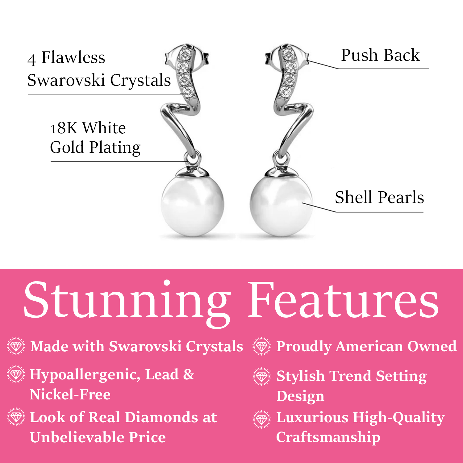 Ophelia 18k White Gold Plated Drop Pearl Earrings with Swarovski Crystals — Fab Fav Sale