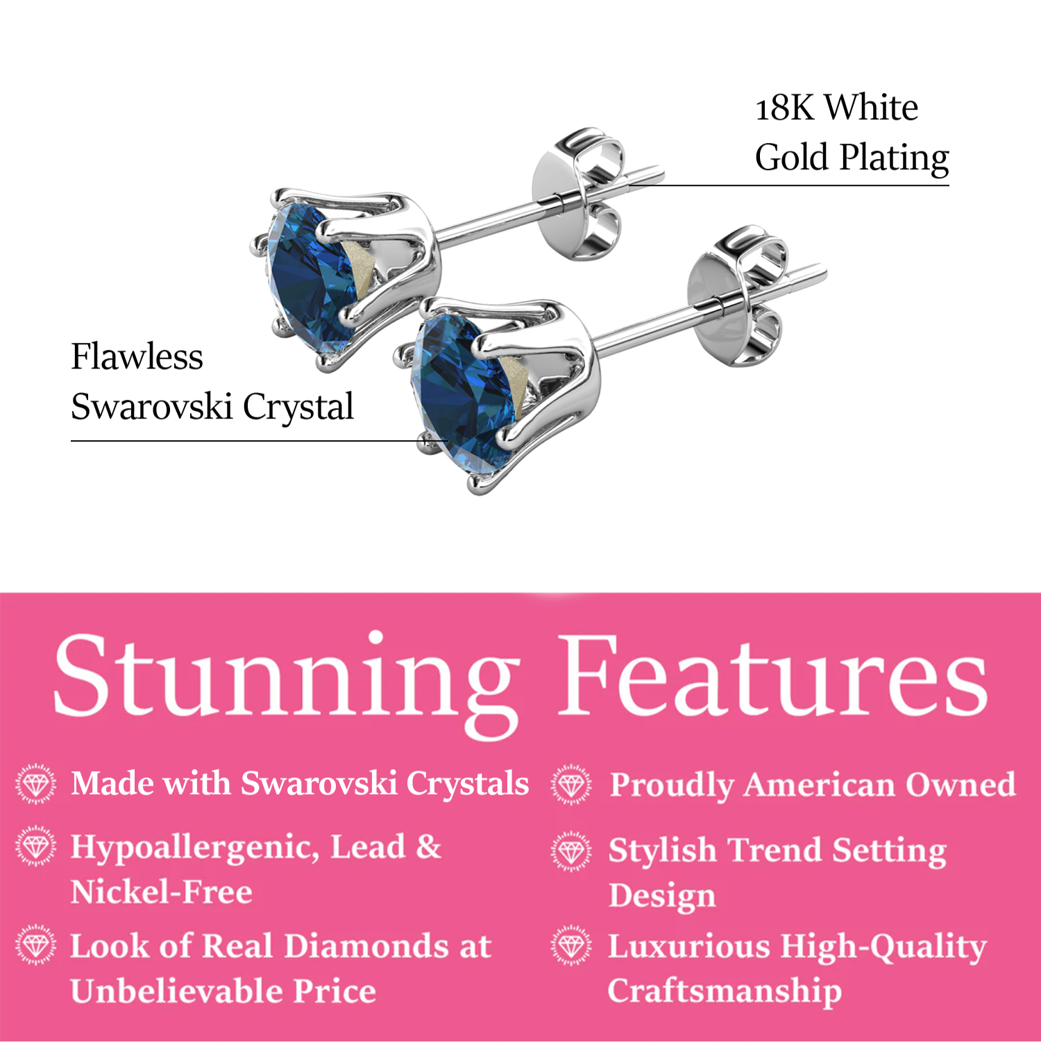 December Birthstone Blue Topaz Earrings 18k White Gold Plated Stud Earrings with 1CT Swarovski Crystal