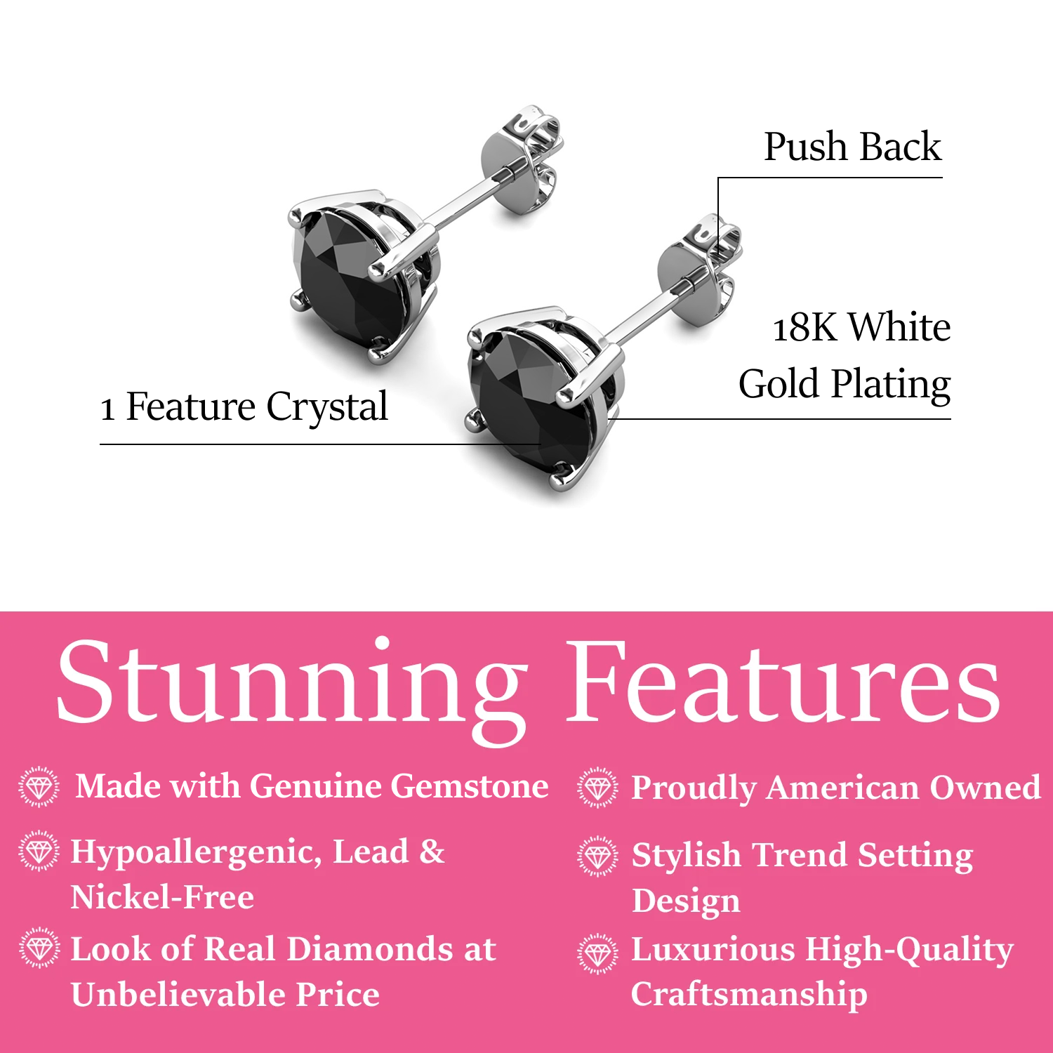 Dina 18k White Gold Plated Stud Earrings with Black Gemstone — Fab Fav Sale