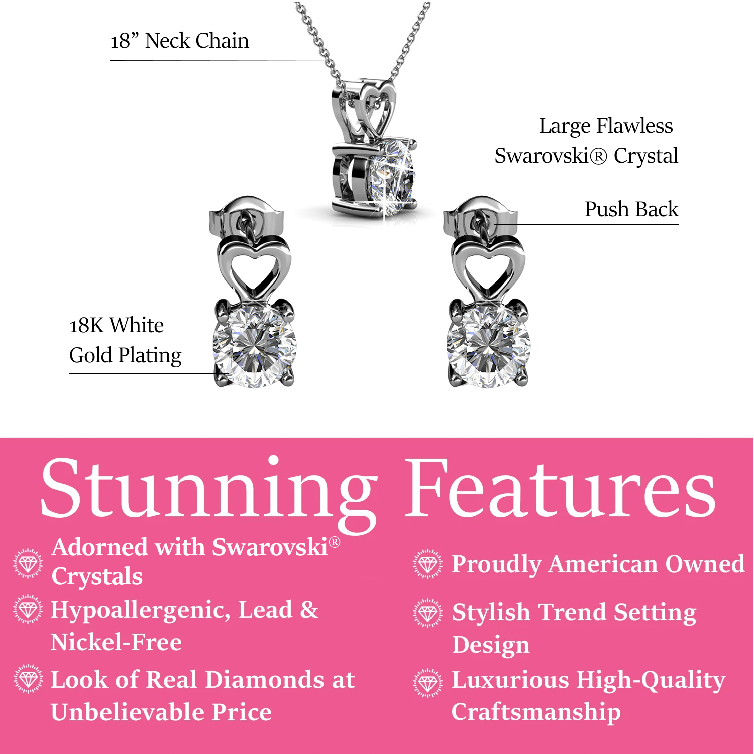 Marian 18k White Gold Necklace and Stud Earrings Jewelry Set with Swarovski Crystal