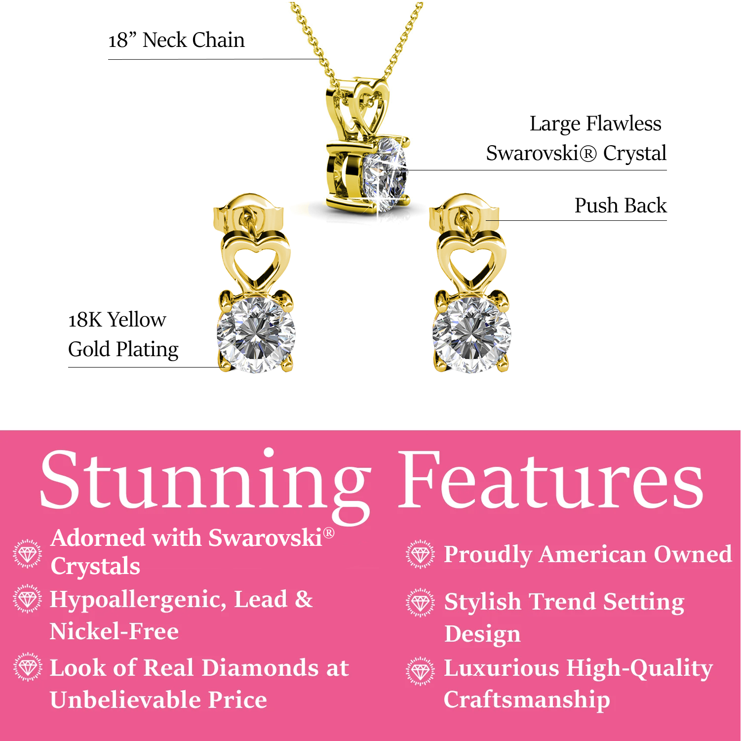 Marian 18k White Gold Necklace and Stud Earrings Jewelry Set with Swarovski Crystal