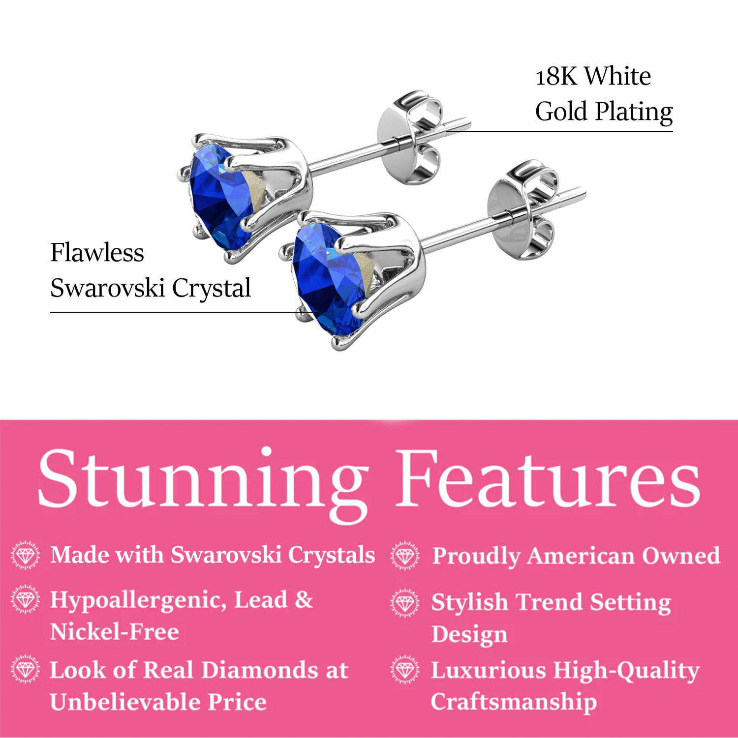 September Birthstone Sapphire Earrings 18k White Gold Plated Stud Earrings with 1CT Swarovski Crystal