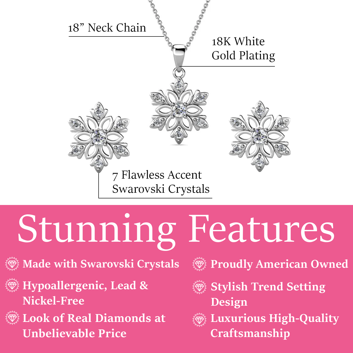 Sunny 18k White Gold Plated Necklace and Stud Earrings Jewelry Set with Swarovski Crystals