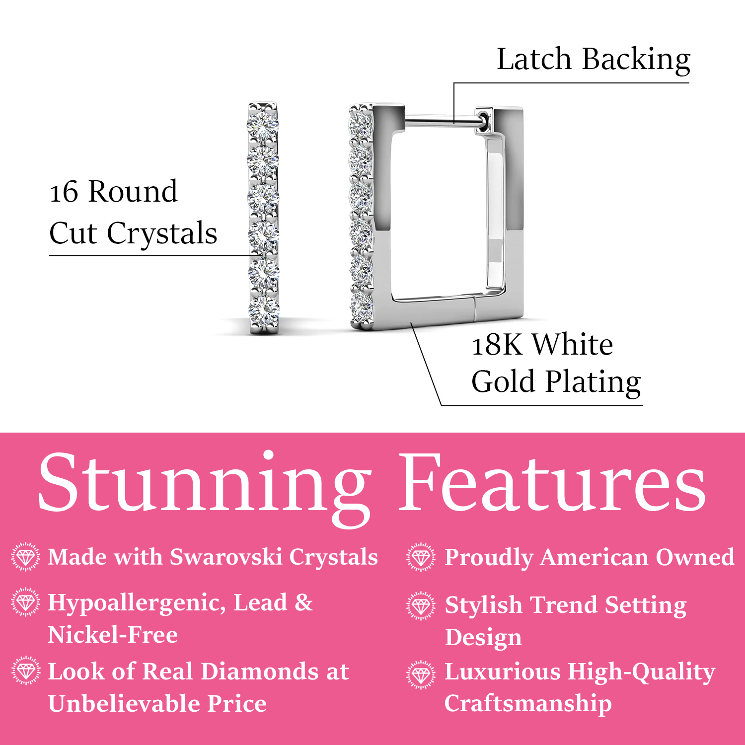 Sydney 18k White Gold Plated 14mm Square Hoop Earrings with Swarovski Crystals