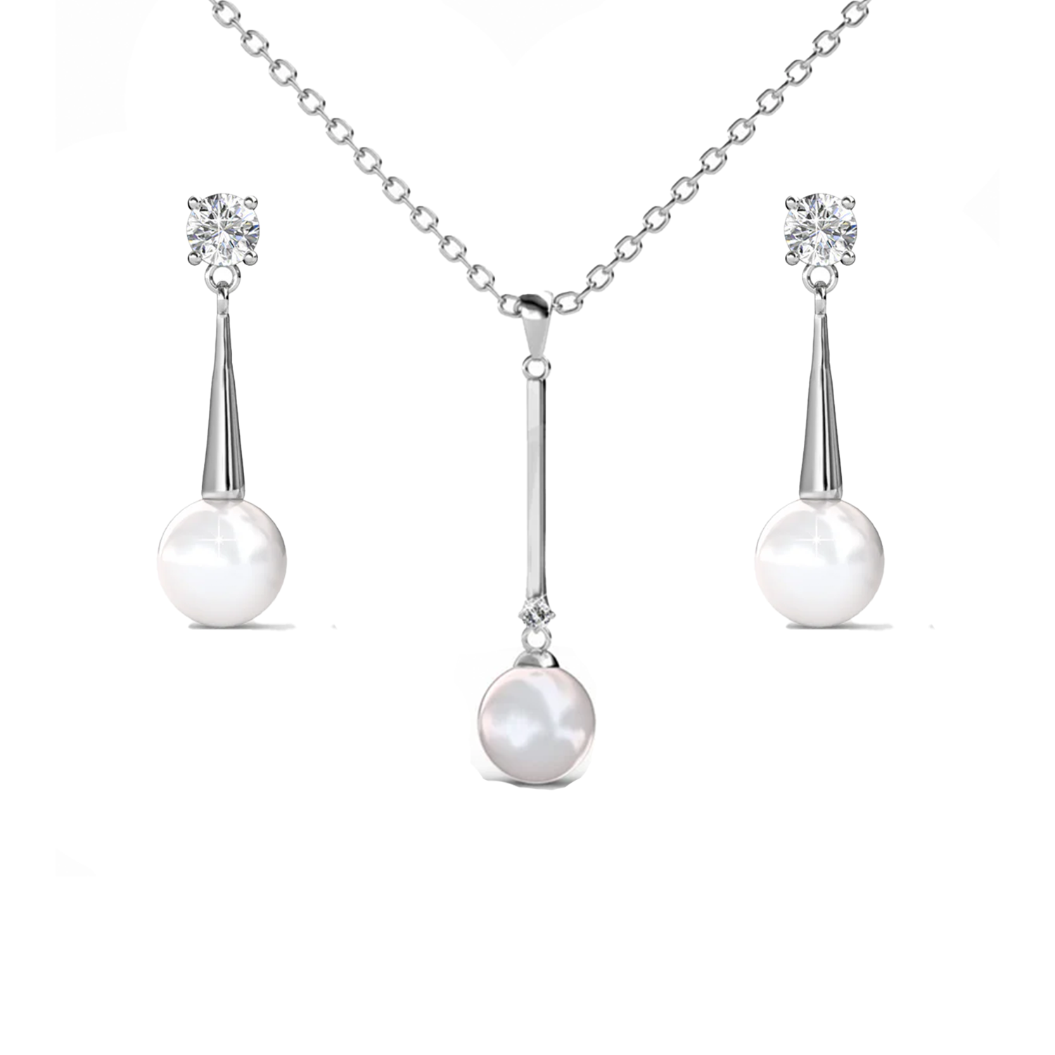 Tatum 18k White Gold Plated Pearl Necklace and Dangle Earrings Jewelry Set with Swarovski Crystals