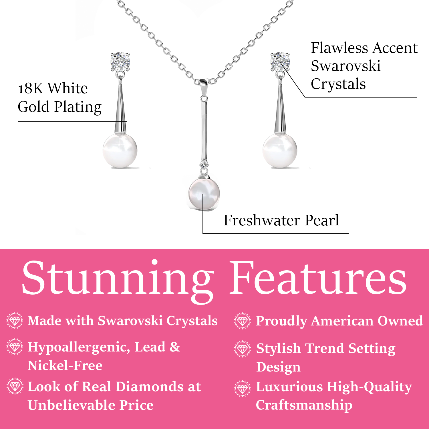 Tatum 18k White Gold Plated Pearl Necklace and Dangle Earrings Jewelry Set with Swarovski Crystals