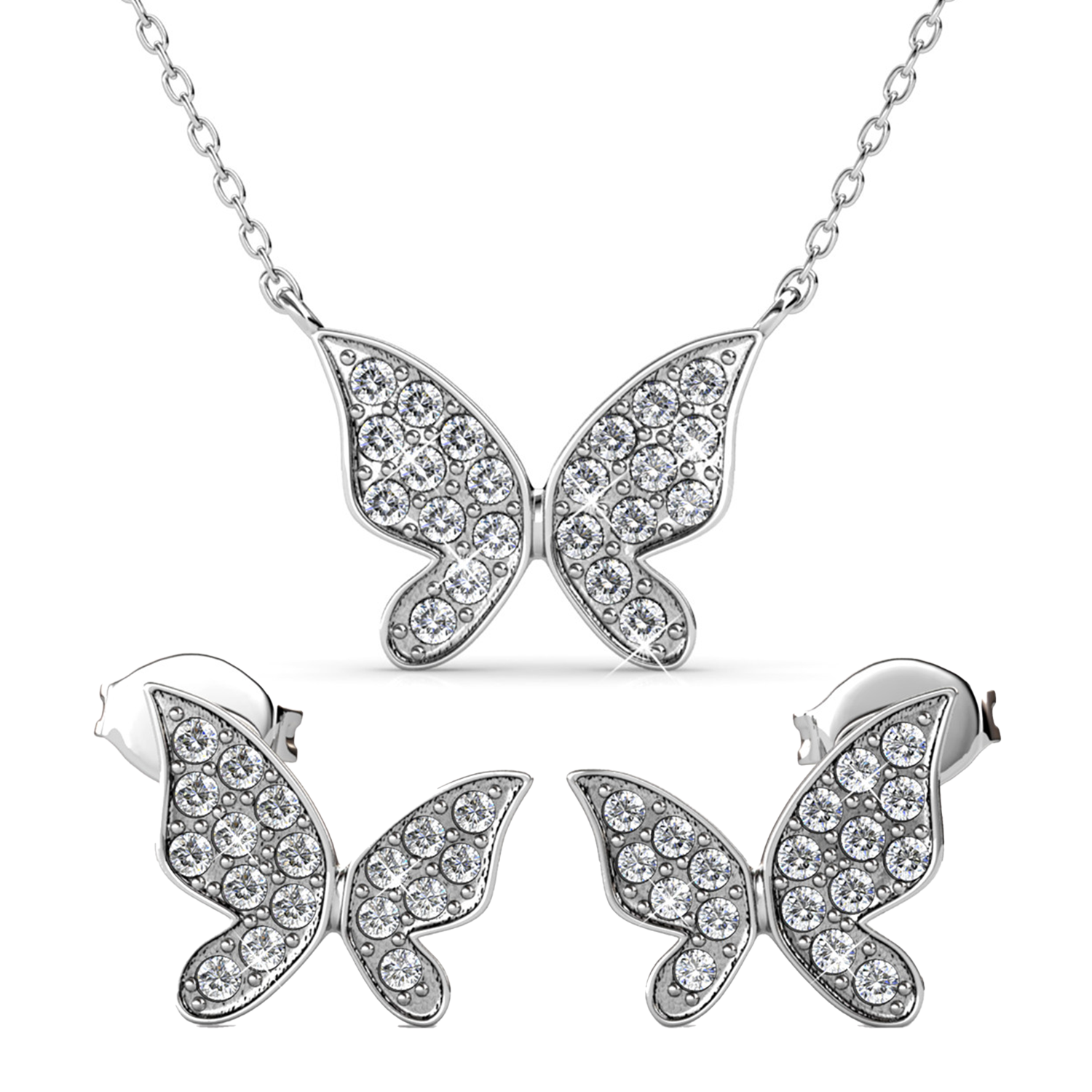 Yuenen 18k White Gold Plated Silver Butterfly Necklace and Earring Set with Swarovski Crystals