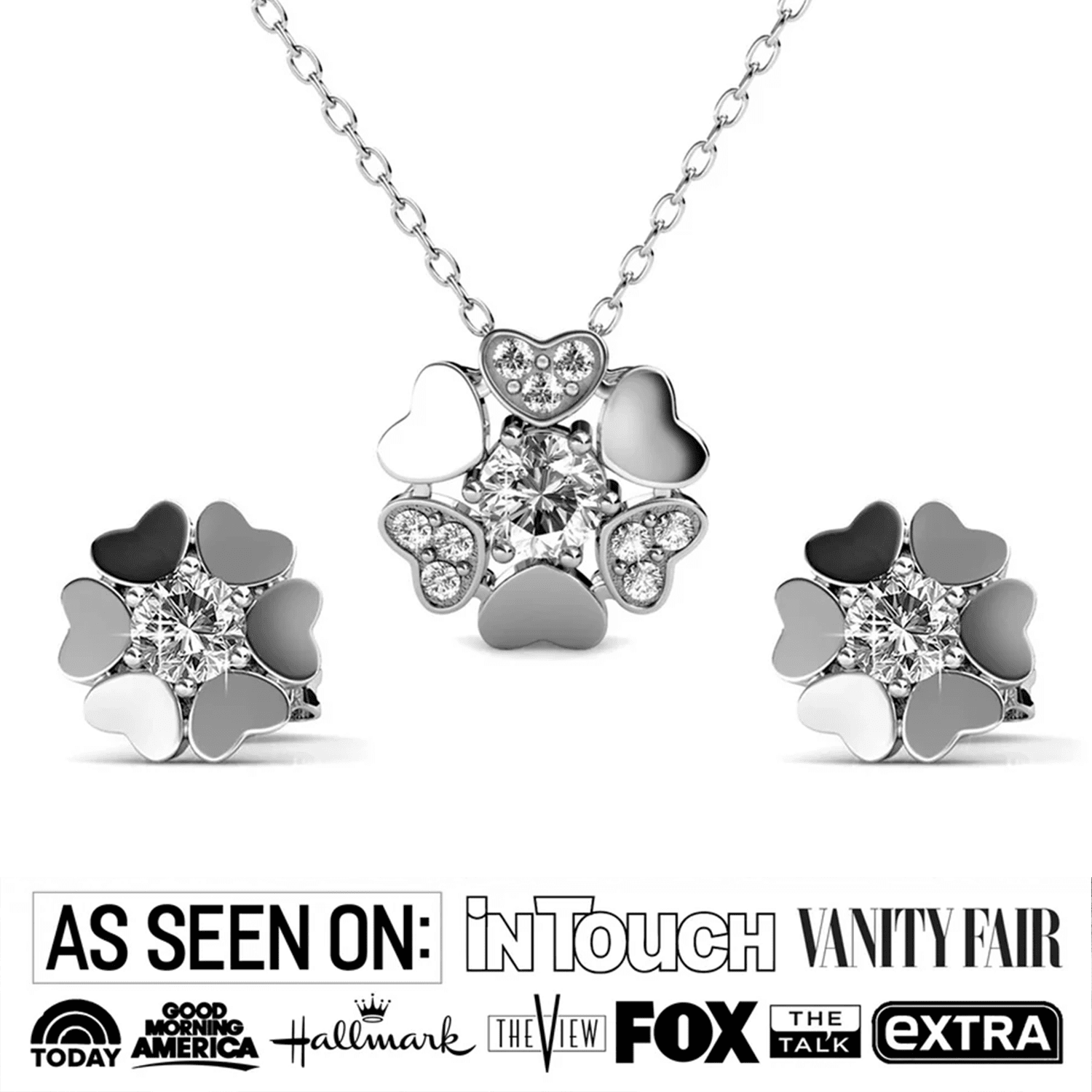 Khloe 18k White Gold Heart Necklace and Stud Earrings Jewelry Set with Crystals