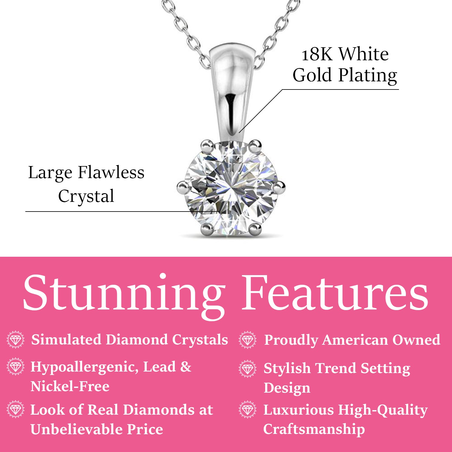 April Birthstone Diamond Necklace, 18k White Gold Plated Solitaire Necklace with 1CT Crystal