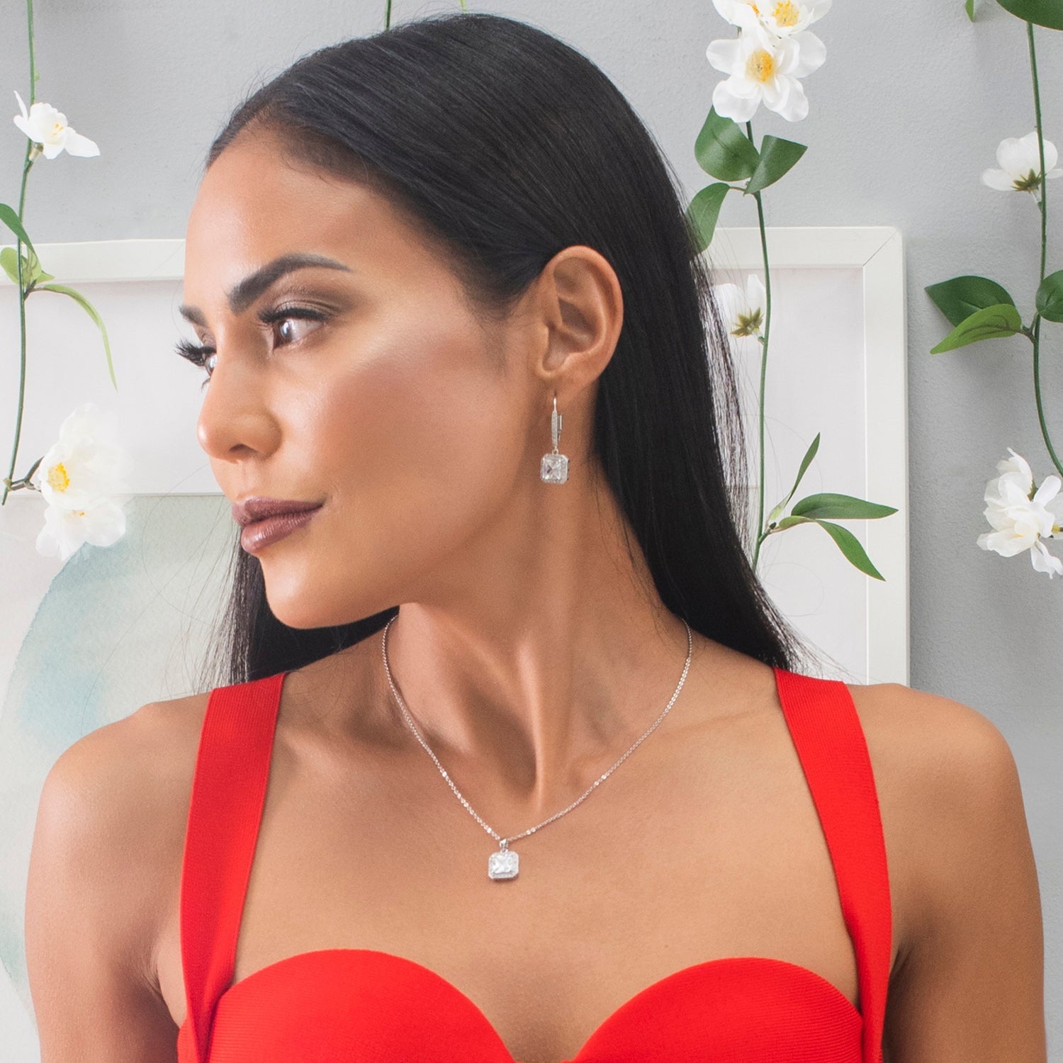 Ivy 18k White Gold Plated Halo Dangle Earrings with Princess Cut Simulated Diamond Crystals — Fab Fav Sale