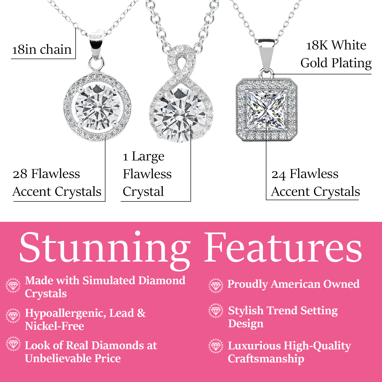 Pack of 3 - Blake, Ivy, Alessandra White Gold Plated Pendant Necklace for Women