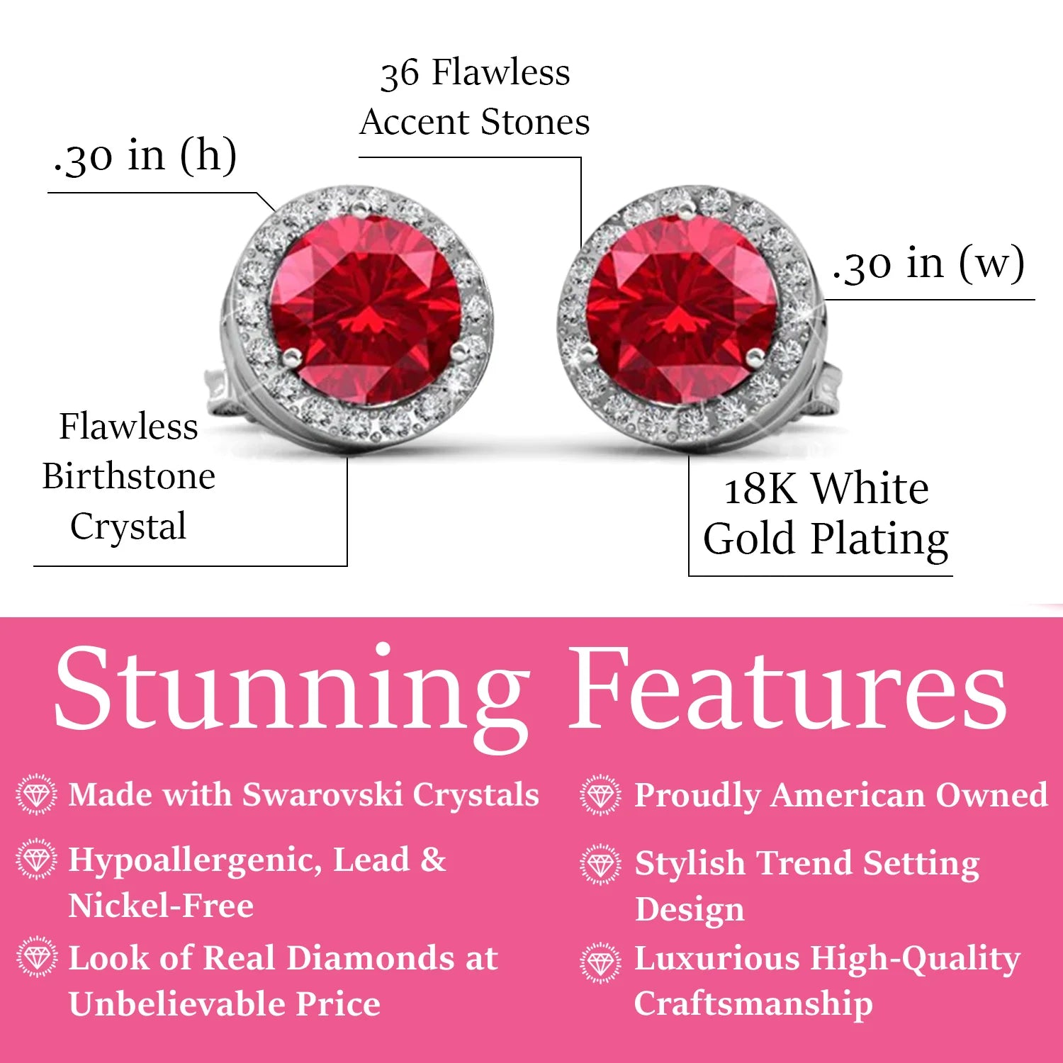 Royal 18k White Gold Plated July Birthstone Halo Earrings with Round Cut Ruby Red Swarovski Crystals