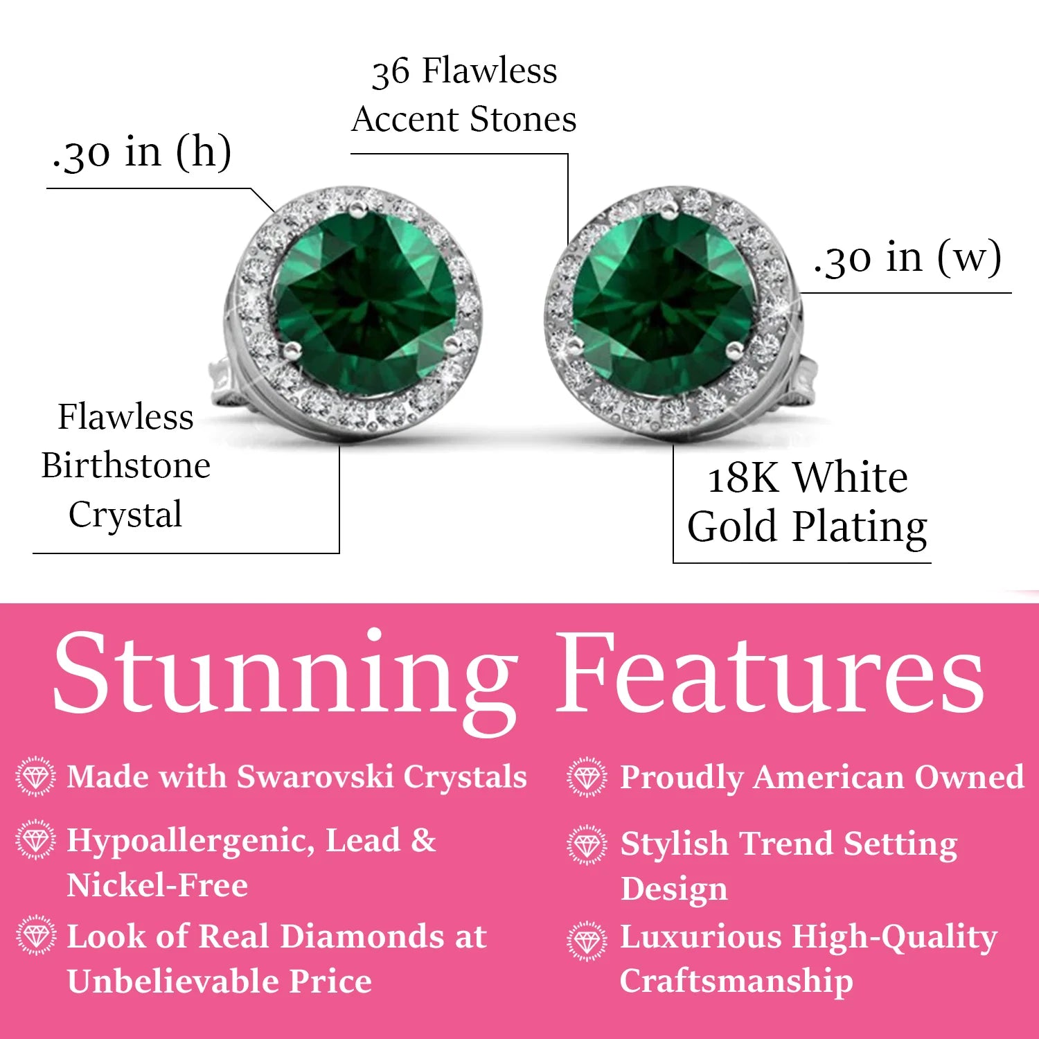 Royal 18k White Gold Plated May Birthstone Halo Earrings with Round Cut Emerald Swarovski Crystals