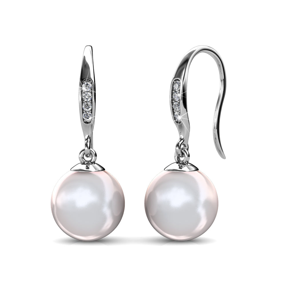 Betty 18k White Gold Plated Freshwater Pearl Drop Dangle Earrings with Swarovski Crystals