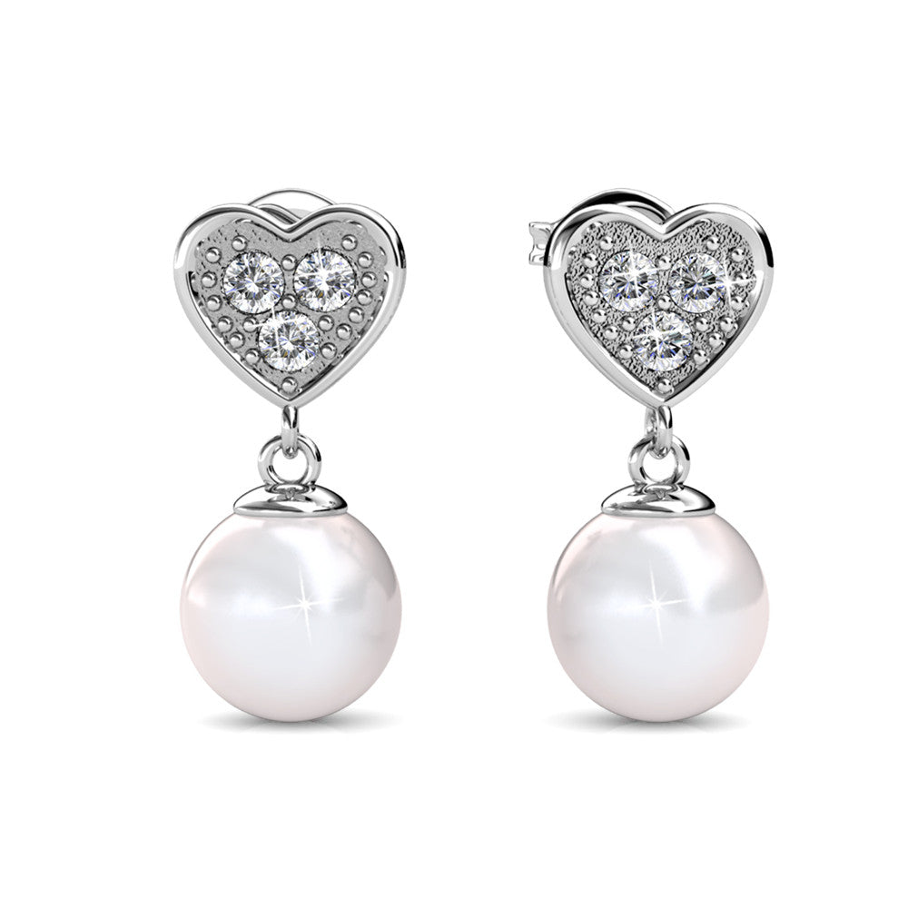 Kenley 18k White Gold Plated Heart Drop Earrings with Pearls and Swarovski Crystals