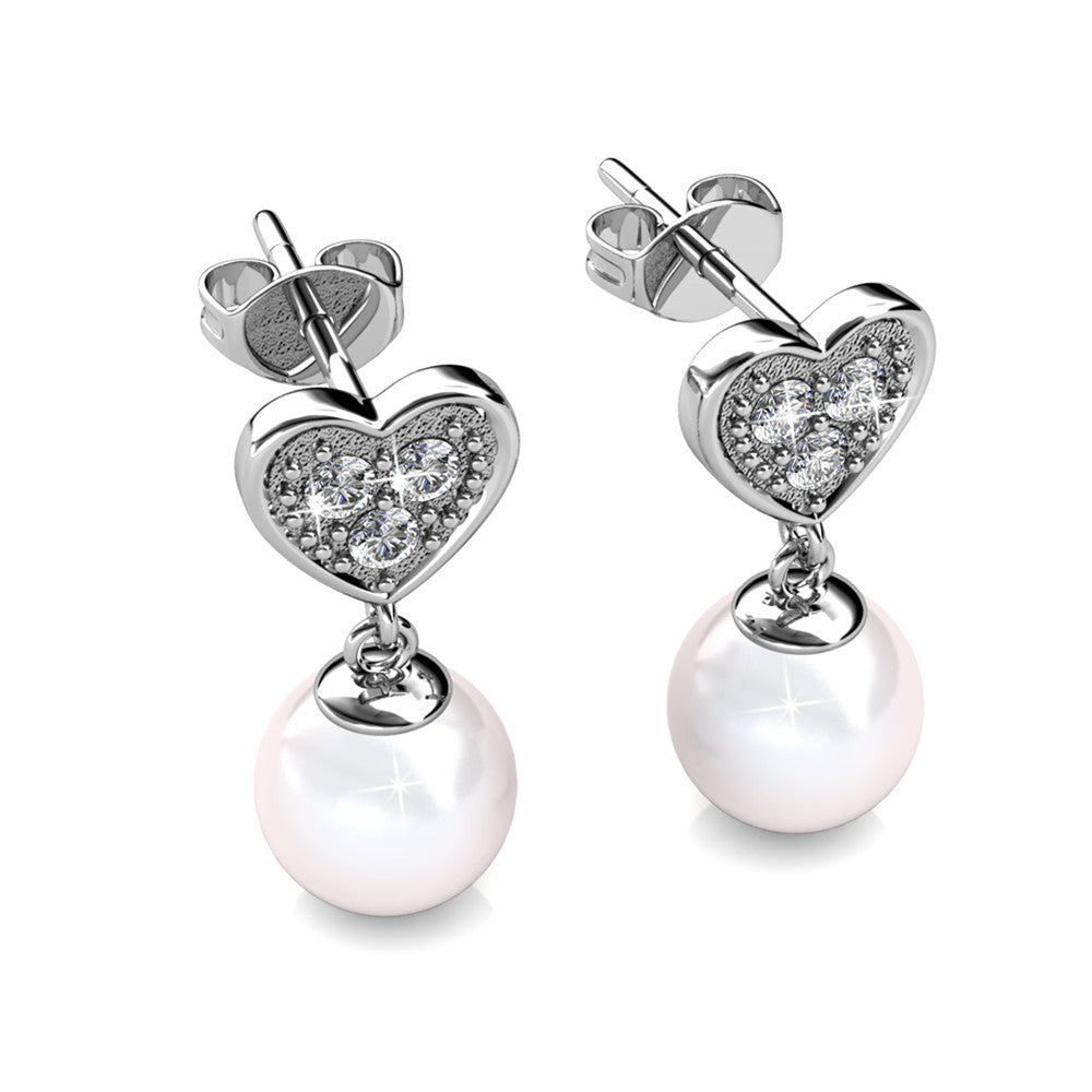 Kenley 18k White Gold Plated Heart Drop Earrings with Pearls and Swarovski Crystals