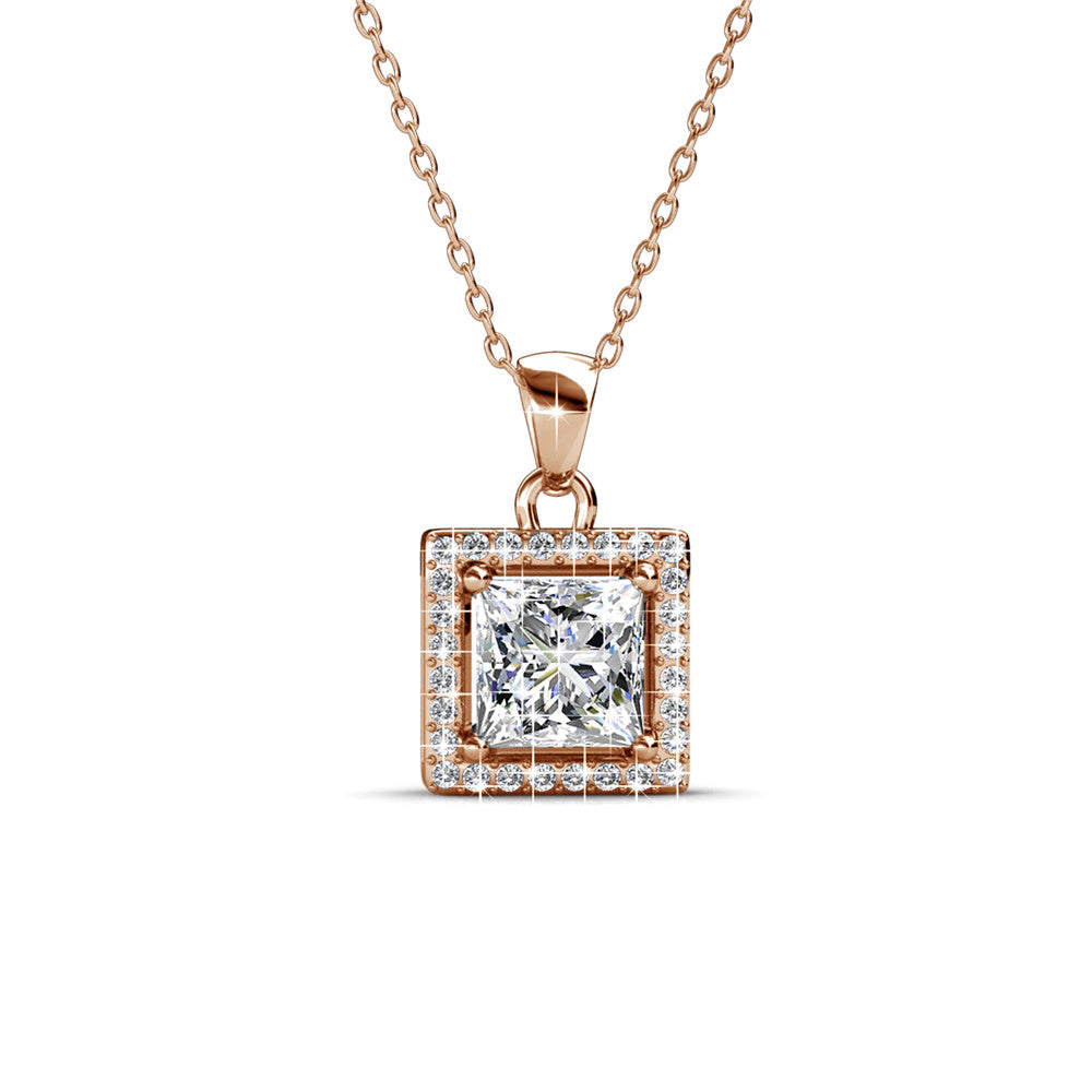 Ekatrina 18k White Gold Plated Halo Pendant Necklace with Sparkling Square Cut Swarovski Crystal