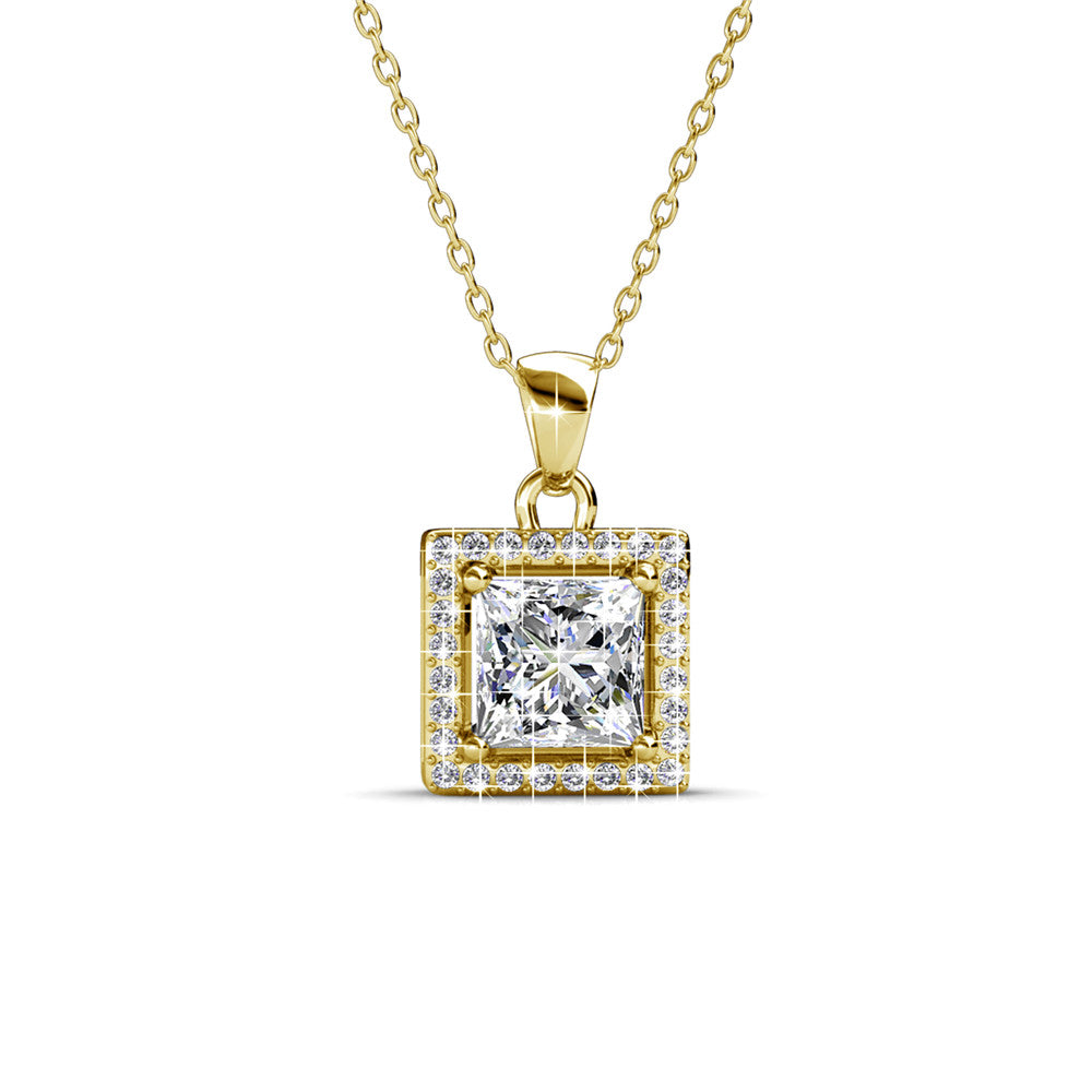 Ekatrina 18k White Gold Plated Halo Pendant Necklace with Sparkling Square Cut Swarovski Crystal