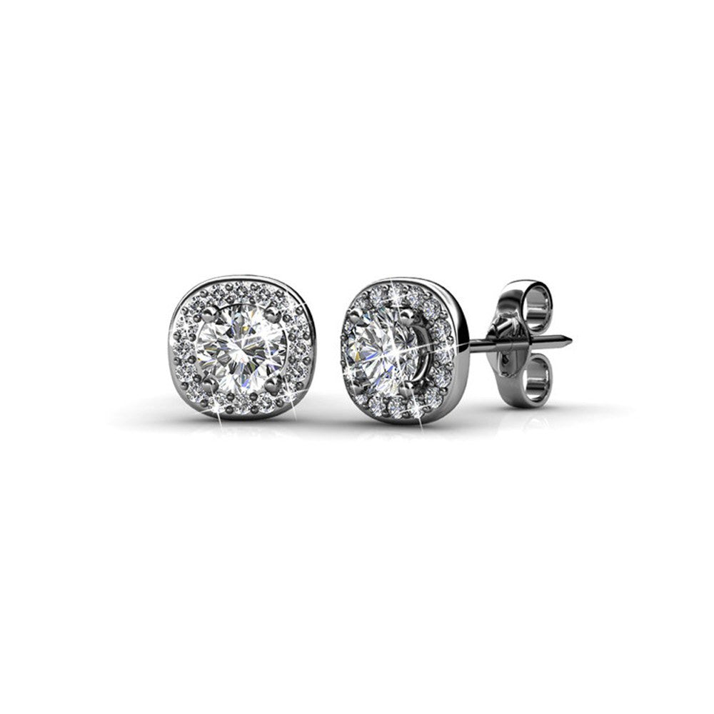 Ruth Halo Stud Earrings in 18K White Gold Plating with Swarovski Crystals