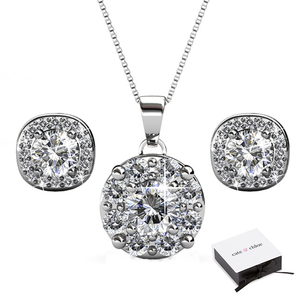 Ruth “Protector” 18k White Gold Swarovski Crystal Earrings and Necklace Jewelry Set