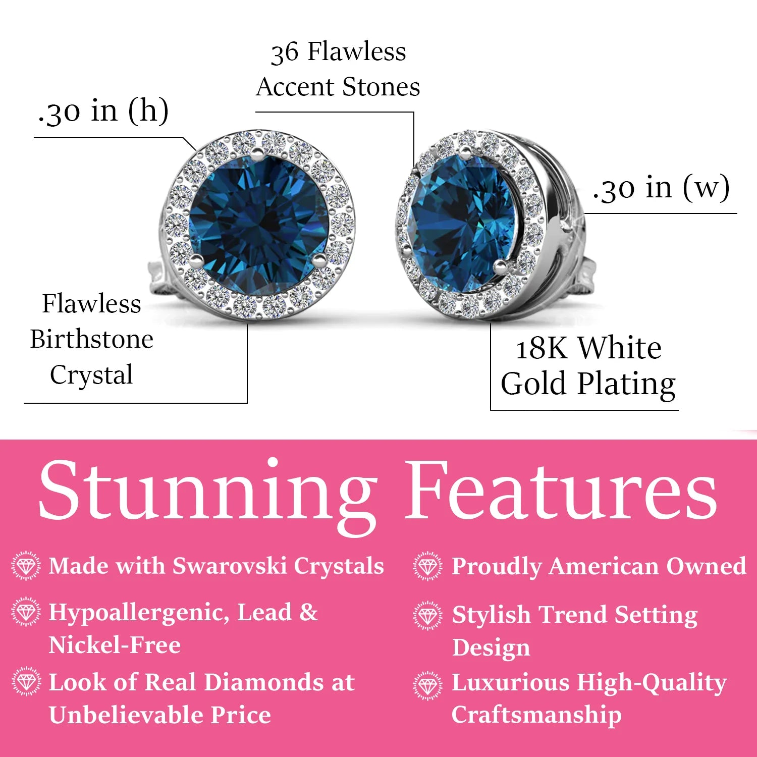 Royal 18k White Gold Plated December Birthstone Halo Earrings with Round Cut Blue Topaz Swarovski Crystals