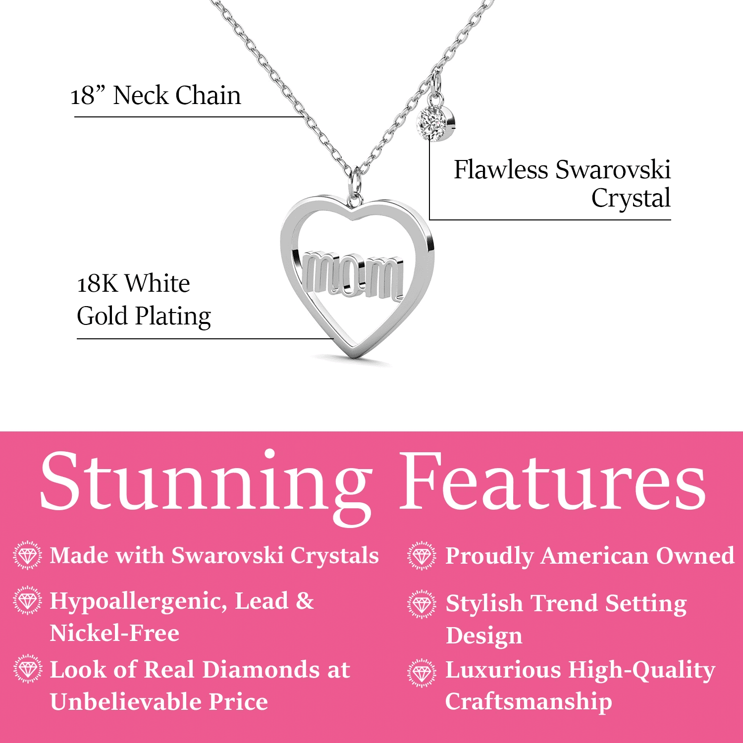 Melody 18k White Gold Plated Necklace with Swarovski Crystals & Heartfelt Message for Mom