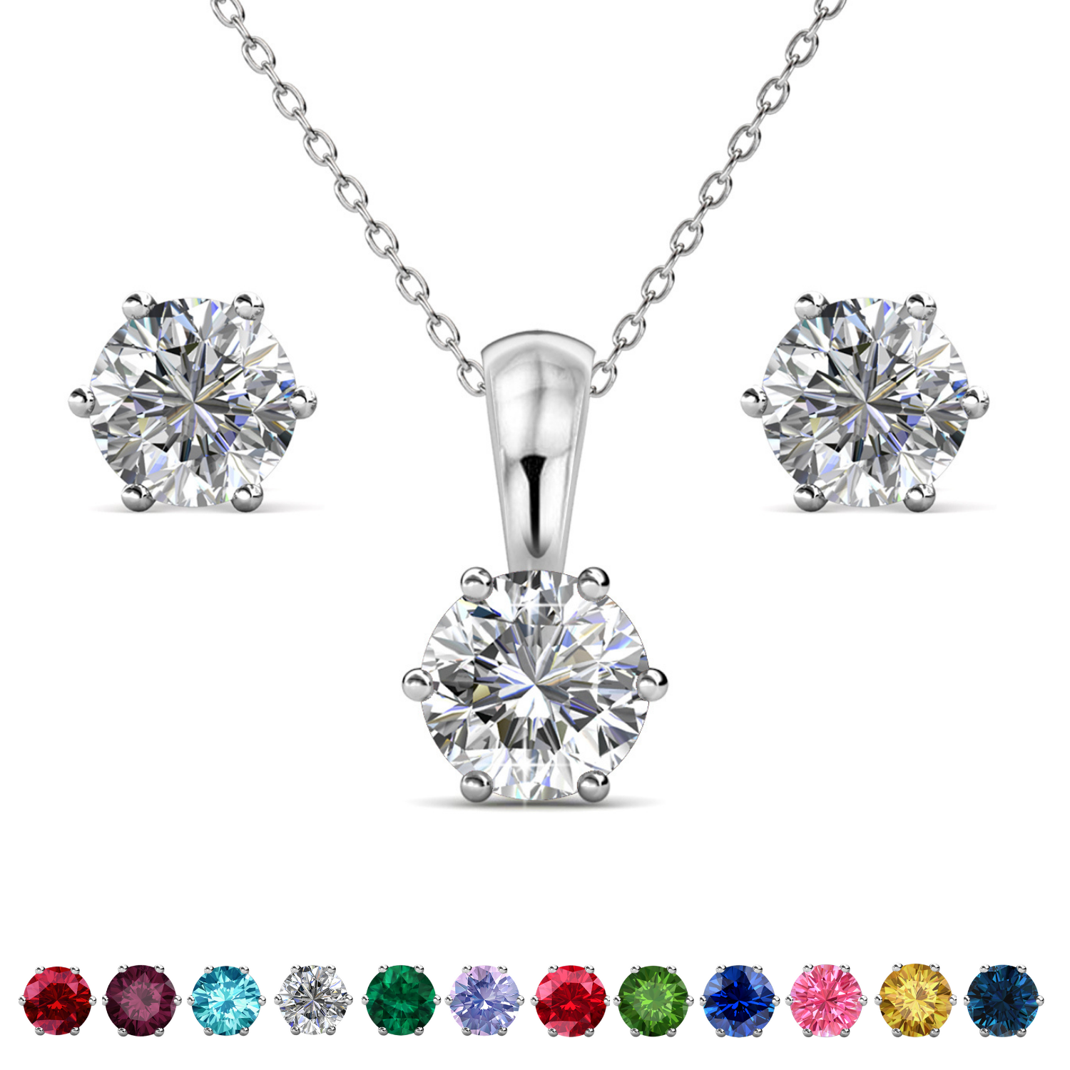 Birthstone 18k White Gold Plated Stud Earrings and Necklace Set with 1CT Swarovski Crystals