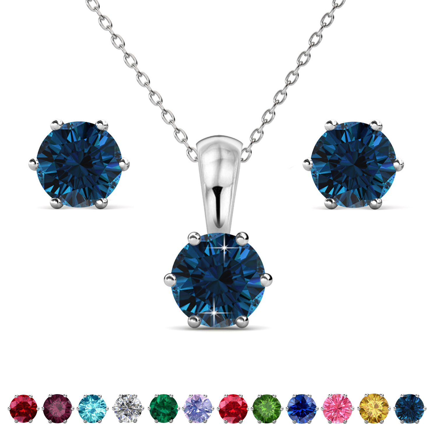 Birthstone 18k White Gold Plated Stud Earrings and Necklace Set with 1CT Swarovski Crystals