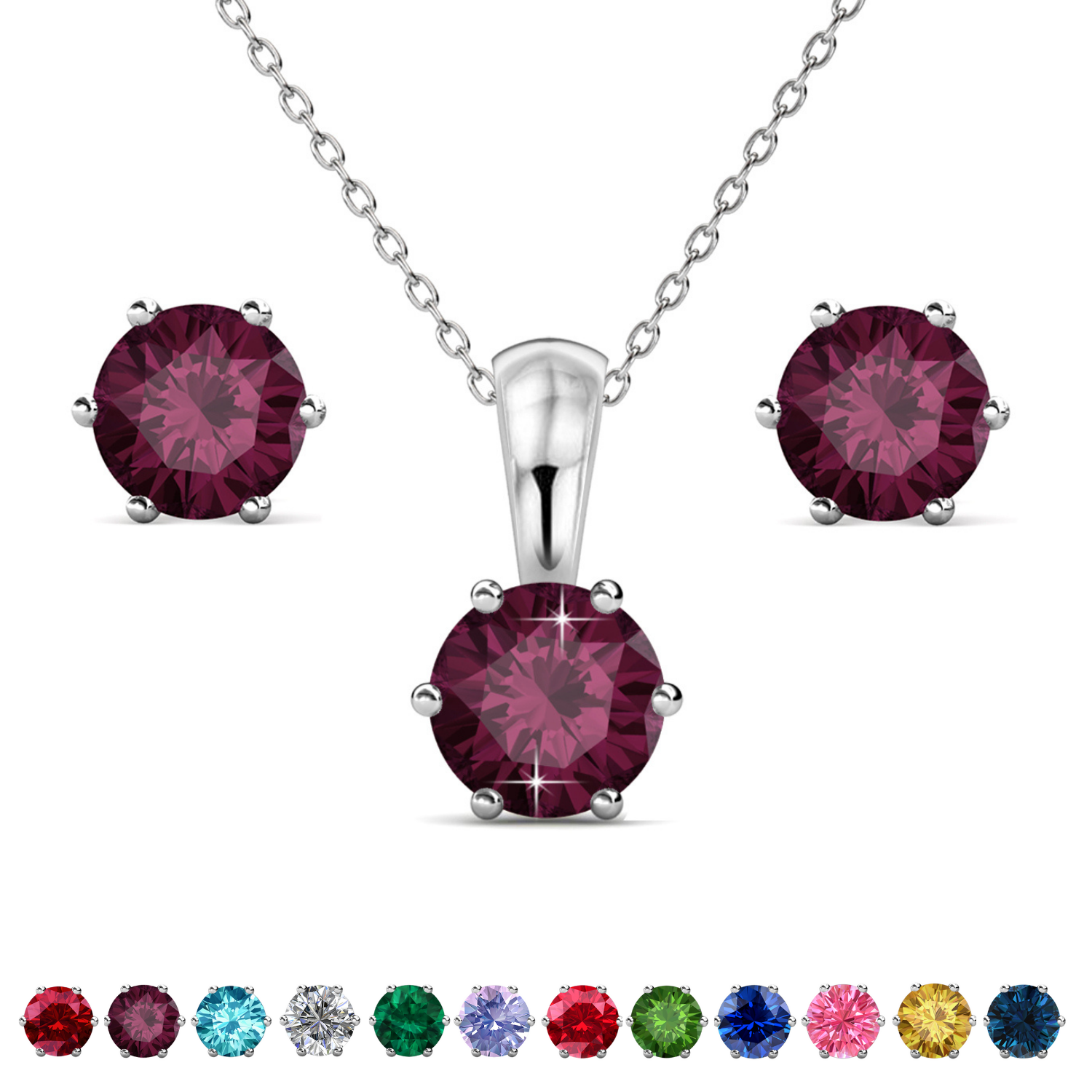 Birthstone 18k White Gold Plated Stud Earrings and Necklace Set with 1CT Swarovski Crystals