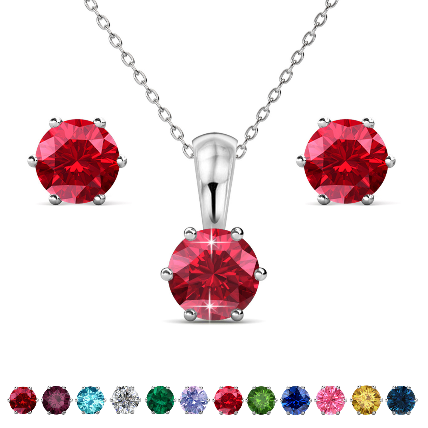 Birthstone 18k White Gold Plated Stud Earrings and Necklace Set with 1CT Swarovski Crystals