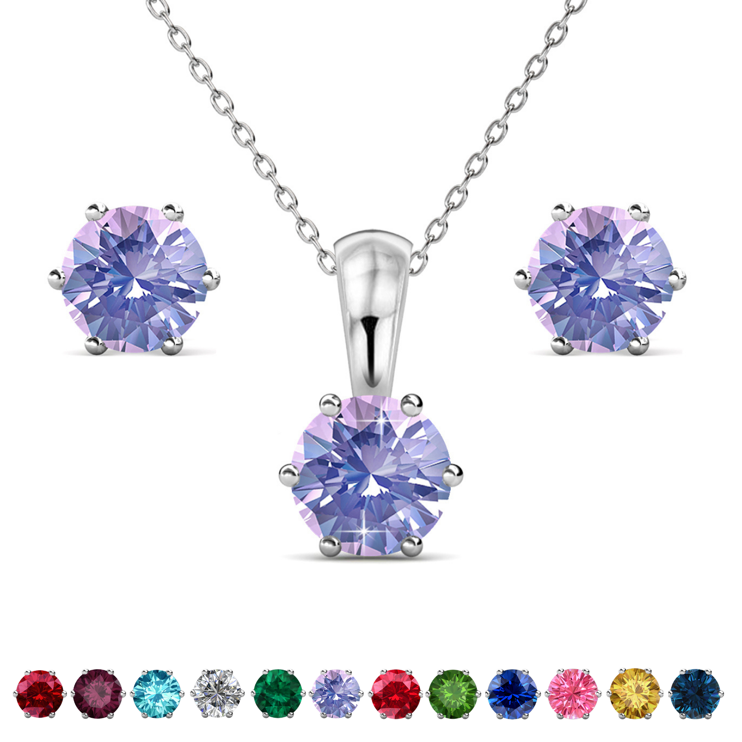 Birthstone 18k White Gold Plated Stud Earrings and Necklace Set with 1CT Swarovski Crystals