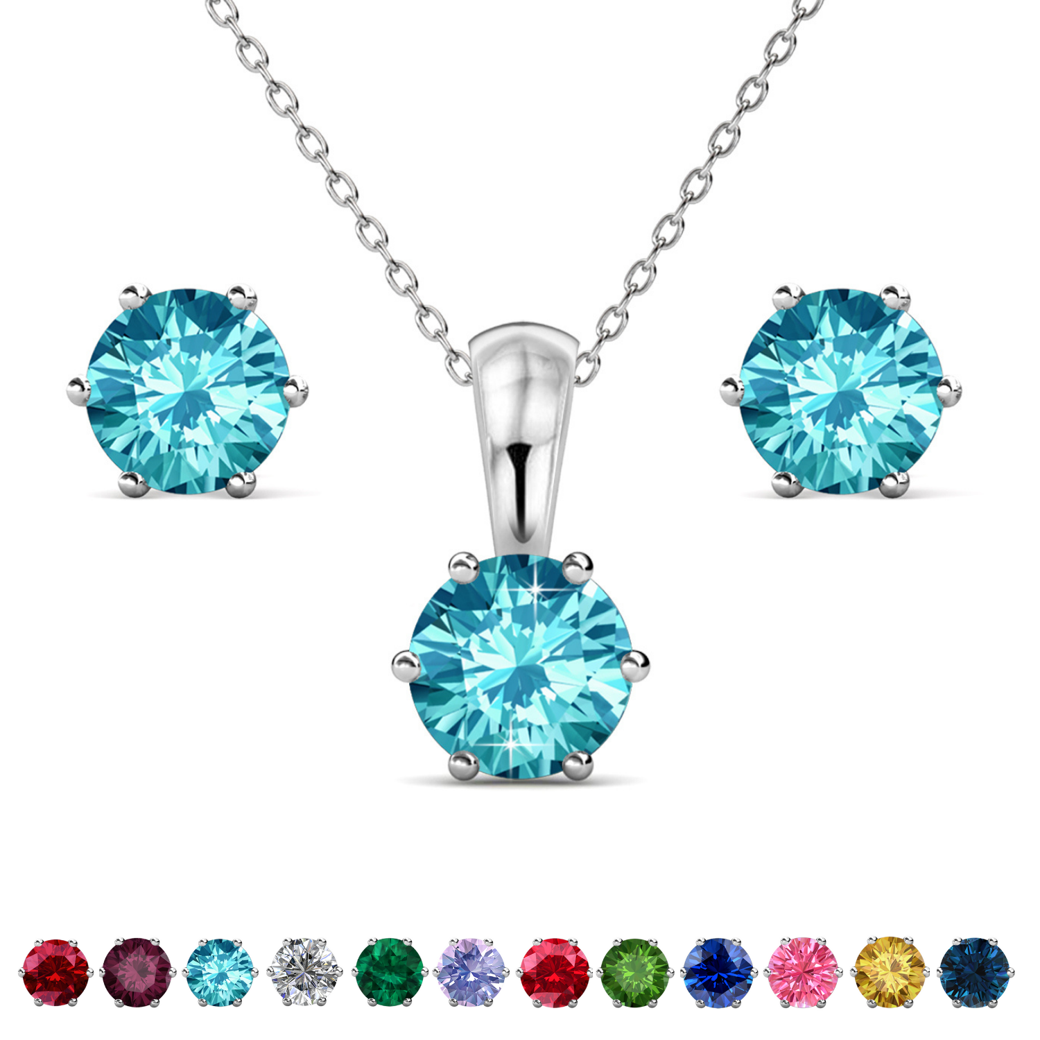Birthstone 18k White Gold Plated Stud Earrings and Necklace Set with 1CT Swarovski Crystals